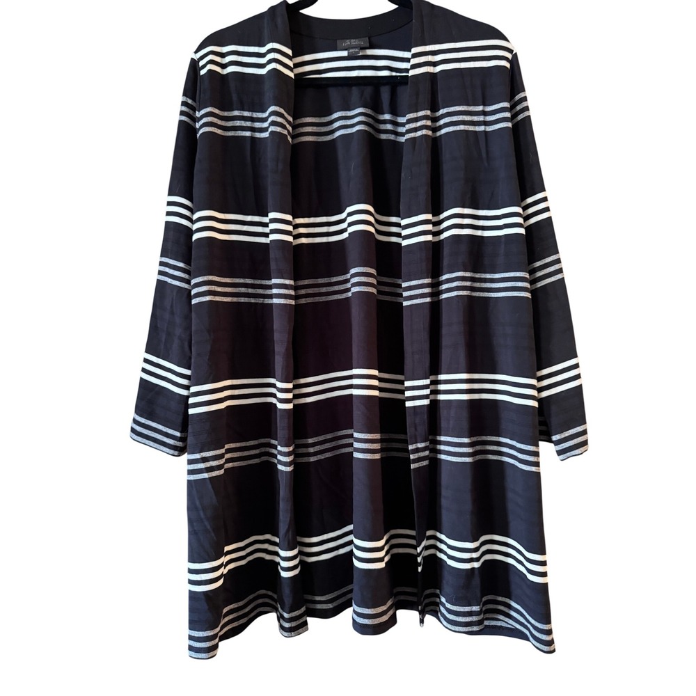 J Jill WearEver Collection Black White Striped‎ Open Front Cardigan L
